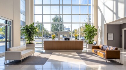 Poster - Modern reception area with seating, plants, and large windows.