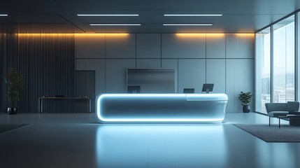 Poster - Modern reception area with sleek design and ambient lighting.