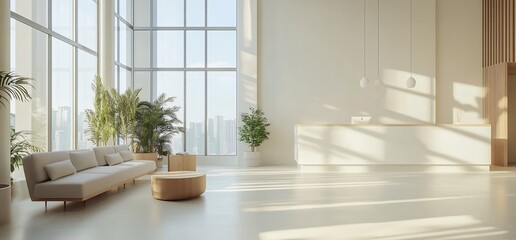 Poster - Modern, spacious interior with large windows and minimalistic design.