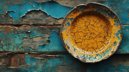 Wall Mural - Cracked yellow plate on teal peeling wood. Perfect for backgrounds, textures, or vintage themes.