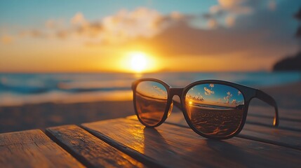 Aufkleber - Sunglasses reflecting a sunset over the ocean on a wooden table.