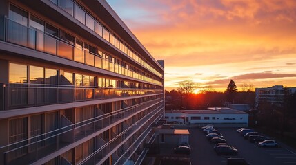 Poster - Sunset reflecting off a modern building with parked cars below.
