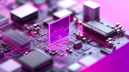 Poster - Close-up of a circuit board with a glowing purple chip displaying data.