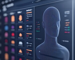 mockup template preview Concept. Digital representation of a human figure with data interface elements displayed.