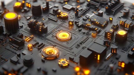 Poster - Close-up of a complex technological circuit board with glowing orange components.