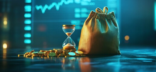 Poster - A bag of coins and an hourglass symbolize time and wealth management.