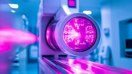 Poster - Close-up of a medical imaging machine emitting pink light during a scan.
