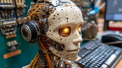 Poster - Close-up of a robotic head with glowing eyes and exposed wiring, wearing headphones.