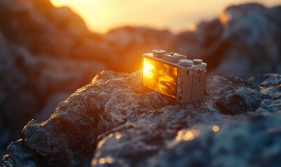 Aufkleber - A camera resting on rocks, capturing the warm glow of sunset.