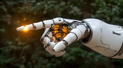 Poster - Close-up of a robotic hand with a glowing fingertip, set against a blurred green background.