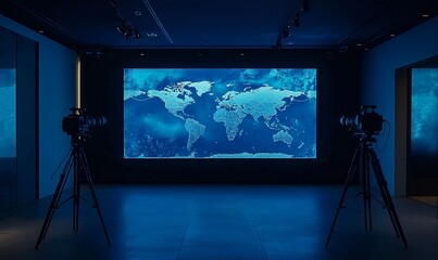 Poster - A dark room featuring a world map display and cameras for capturing visuals.