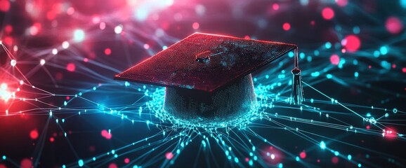 Poster - A digital graduation cap surrounded by glowing network connections.