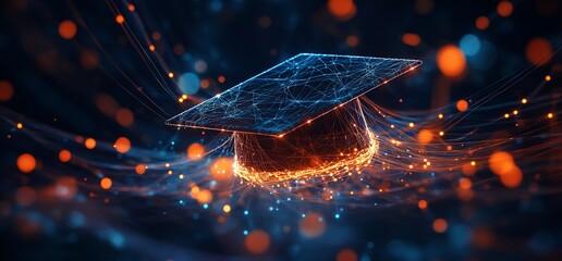 Poster - A digital graduation cap surrounded by glowing particles and lines.