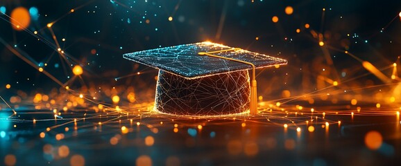 Poster - A digital graduation cap surrounded by glowing particles and connections.