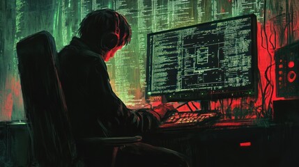 Poster - A person working intently at a computer, surrounded by glowing code and digital elements.