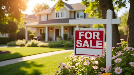 Dream home awaits!  For Sale sign in front of a beautiful house.  Find your perfect place today!