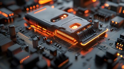 Poster - Close-up of illuminated tech component on circuit board.