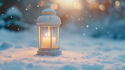 Poster - A lantern with a candle glowing in the snow, creating a cozy winter atmosphere.