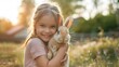 © Nhoeb - Young Girl Cuddling a Brown Bunny in a Sunlit Garden Setting