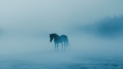 Poster - A solitary horse stands amidst a foggy landscape, evoking a sense of mystery and tranquility.