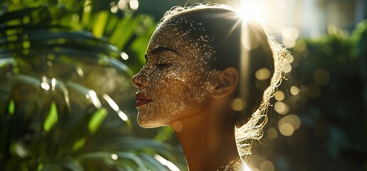 Aufkleber - A serene profile of a woman with a glistening face in a sunlit setting.