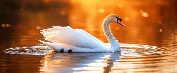 Aufkleber - A serene swan gliding gracefully on a shimmering lake at sunset.