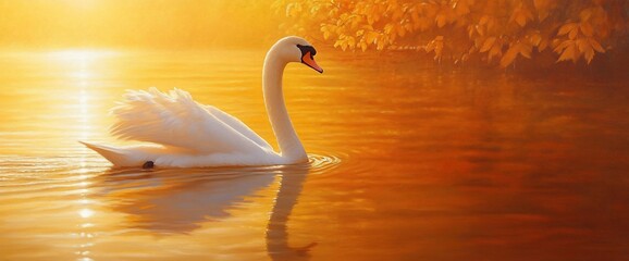 Aufkleber - A serene swan gliding through a golden, misty lake at sunrise.