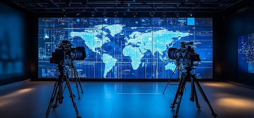 Poster - A studio setup featuring cameras and a digital world map backdrop.