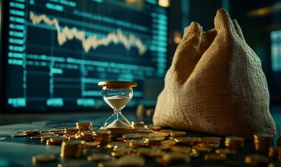Poster - A symbolic representation of time and wealth with coins and an hourglass.