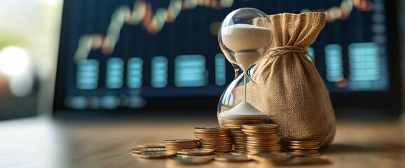 Poster - An hourglass and coins symbolize time and financial investment concepts.