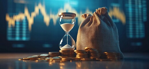 Poster - An hourglass beside a money bag and coins, symbolizing time and wealth.