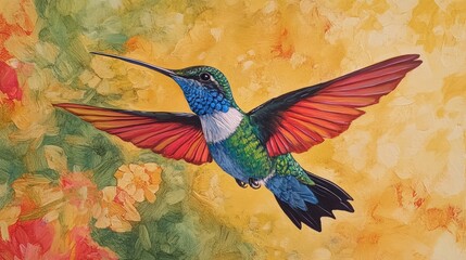 Poster - A vibrant hummingbird in flight against a colorful floral background.