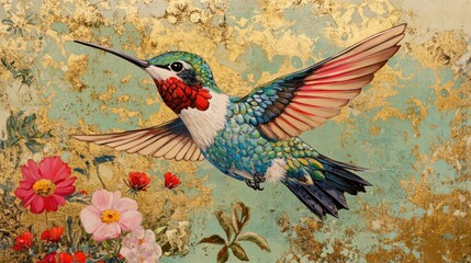 Aufkleber - A vibrant hummingbird in flight amidst colorful flowers against a golden background.
