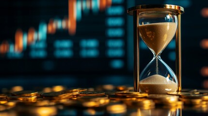 Poster - An hourglass sits on a table surrounded by coins, symbolizing time and wealth.