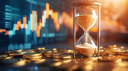 Poster - An hourglass on coins symbolizes time and financial growth.