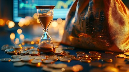 Poster - An hourglass next to a money bag and coins, symbolizing time and wealth.