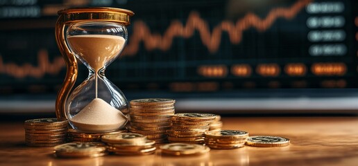 Poster - An hourglass beside gold coins with a financial chart in the background.