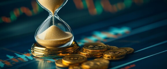 Poster - An hourglass with sand and gold coins on a financial chart background.