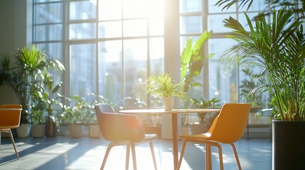 Poster - Bright indoor space with plants and chairs, creating a relaxing atmosphere.