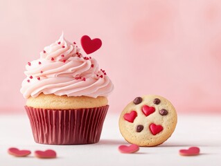 A delightful cupcake topped with pink frosting and a heart, alongside a cookie adorned with chocolate hearts on a soft, pastel background.