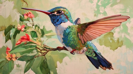 Poster - A vibrant painting of a hummingbird perched on a branch with flowers.