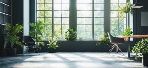 Poster - Bright, modern workspace with plants and large windows for a serene atmosphere.