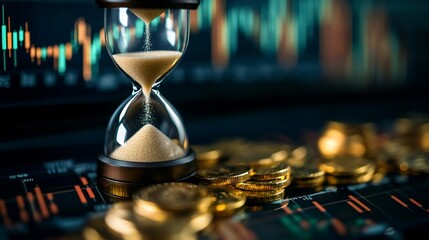 Poster - Hourglass and coins symbolize the relationship between time and money.