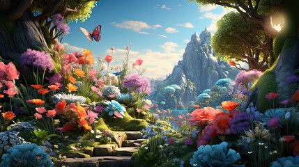 Wall Mural - Dreamlike magical landscape with lush green hills, pink trees, and a glowing blue sky filled with vibrant light.