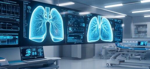 Poster - High-tech medical facility displaying lung scans and health data.