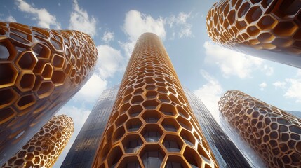 Wall Mural - An energy-efficient skyscraper with a fade resembling the texture of a beehive, designed for sustainability and optimized air circulation