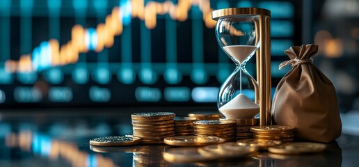 Poster - Hourglass and coins symbolize time and investment in a financial context.