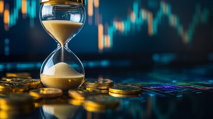 Poster - Hourglass and coins symbolize time and money in financial context.