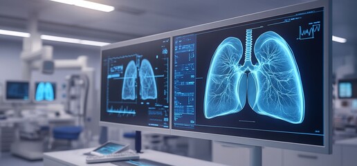 Poster - Medical display showing lung scans and health data in a clinical setting.