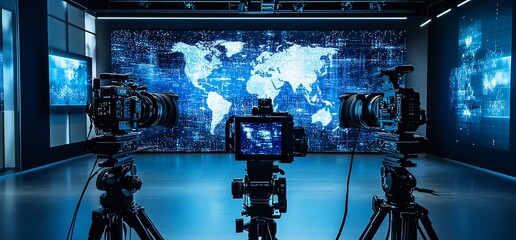 Poster - Studio setup with cameras and a digital world map backdrop for content creation.